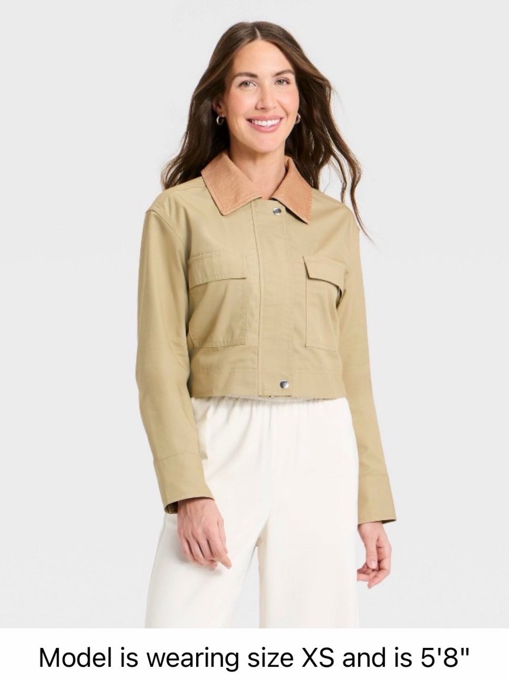 Cropped Tan Utility Jacket with Corduroy  Collar
